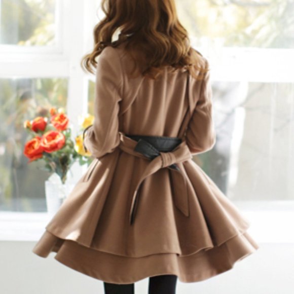 Layered-Hem Double-Breasted Winter Trench Coat from YesStyle Camel Brown Size S - Picture 4 of 10